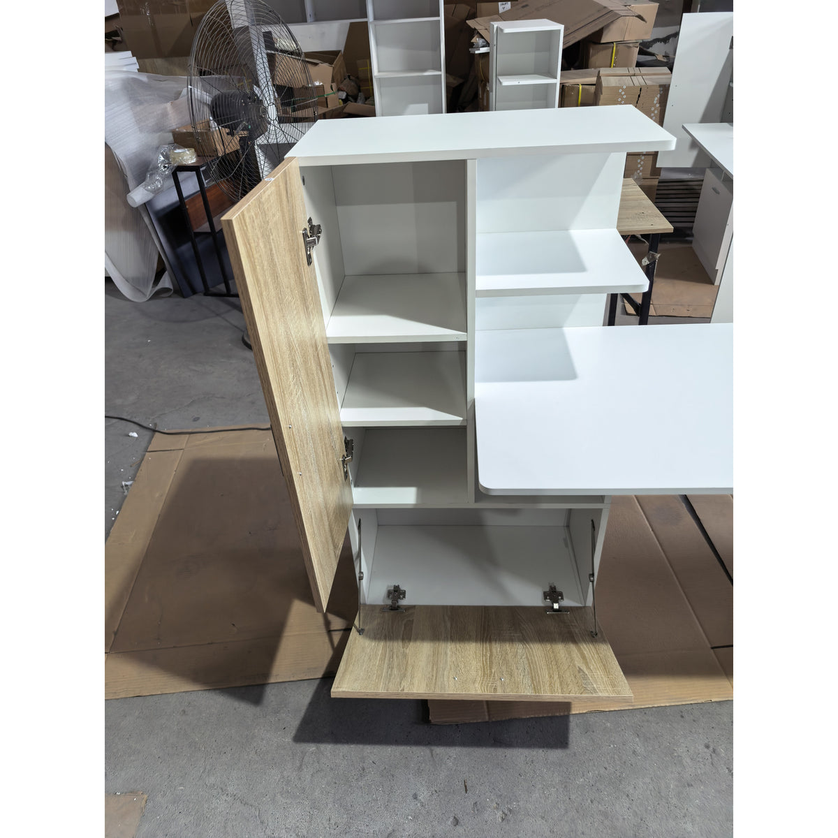 Secretária de Computador com Estante, Secretária com Armário e Prateleiras Abertas, 150x55x122cm, Branco e Madeira Natural — foto 1