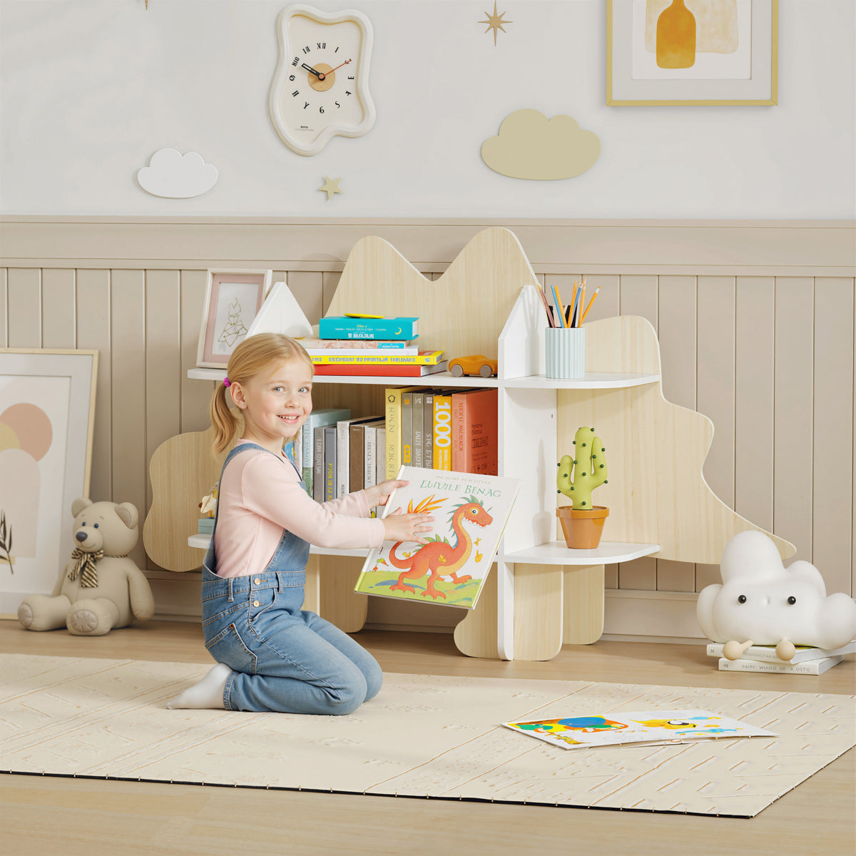 Estante Infantil Móvel de Arrumação para Brinquedos e Livros 6 Compartimentos 120x28x72,2cm Madeira Natural — imagem 3