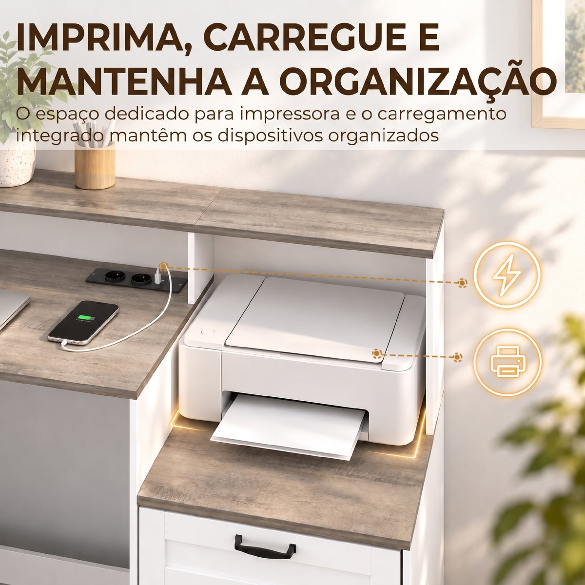 Secretária com Estação de Carregamento Gavetas e Prateleiras com Tomadas Castanho Acinzentado e Branco — imagem 5