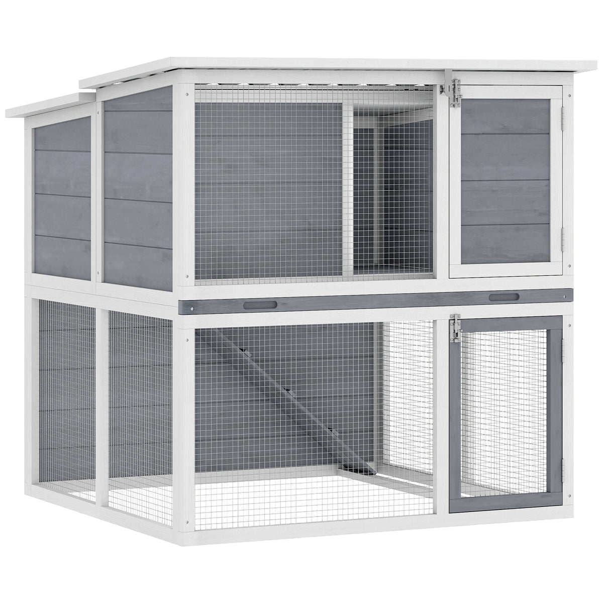 Viveiro para Coelhos 2 Andares em Madeira com Telhado Rebatível à Prova de Intempéries Recinto Externo Rampa 98x95x102,5 cm Cinza — foto 1