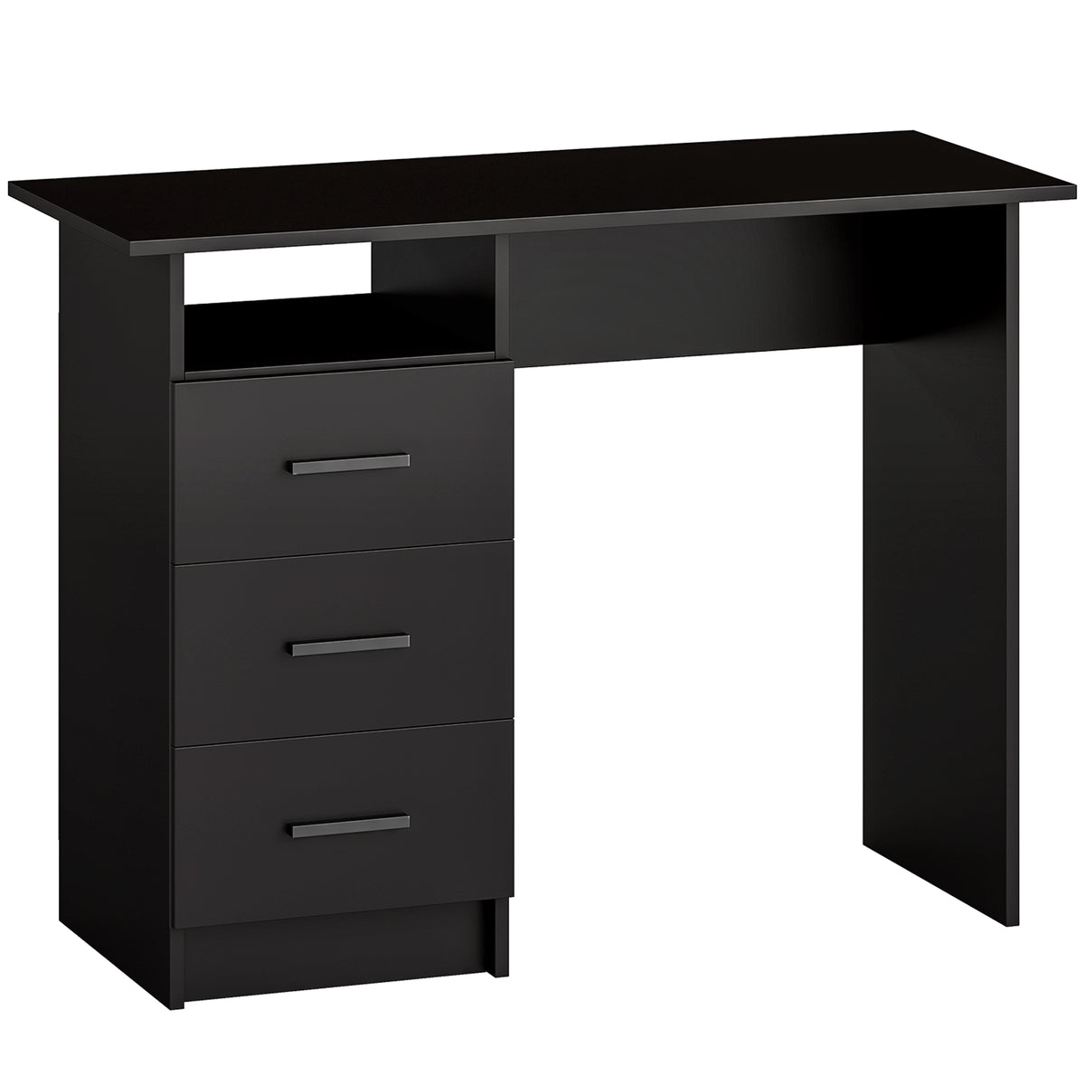 Secretária Economizadora de Espaço com 3 Gavetas, Prateleira Aberta, Secretária de Escritório, Moderna, Mesa para PC para Casa Escritório Estúdio Quarto, 100x40x75 cm, Preto — foto 1