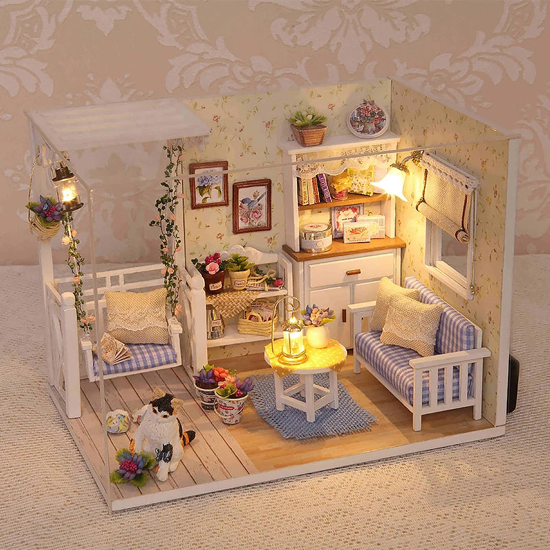 Gatinho mini casa de boneca 3d quebra-cabeça montagem modelo kit construção criativo quarto decoração — foto 2