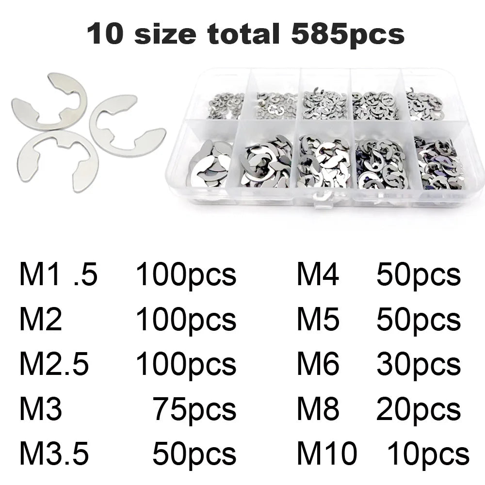 585/1005pcs E Clip Snap Circlip Washer Sortimento Kit Caixa M1.2-M15 Preto 65 Mn 304 Conjunto de anel — foto 5