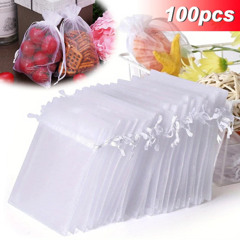 100 sacos de organza de malha aleatória dos pces sacos de jóias - Branco-100 unidades 7x9cm-2.8x3.5in — foto 2