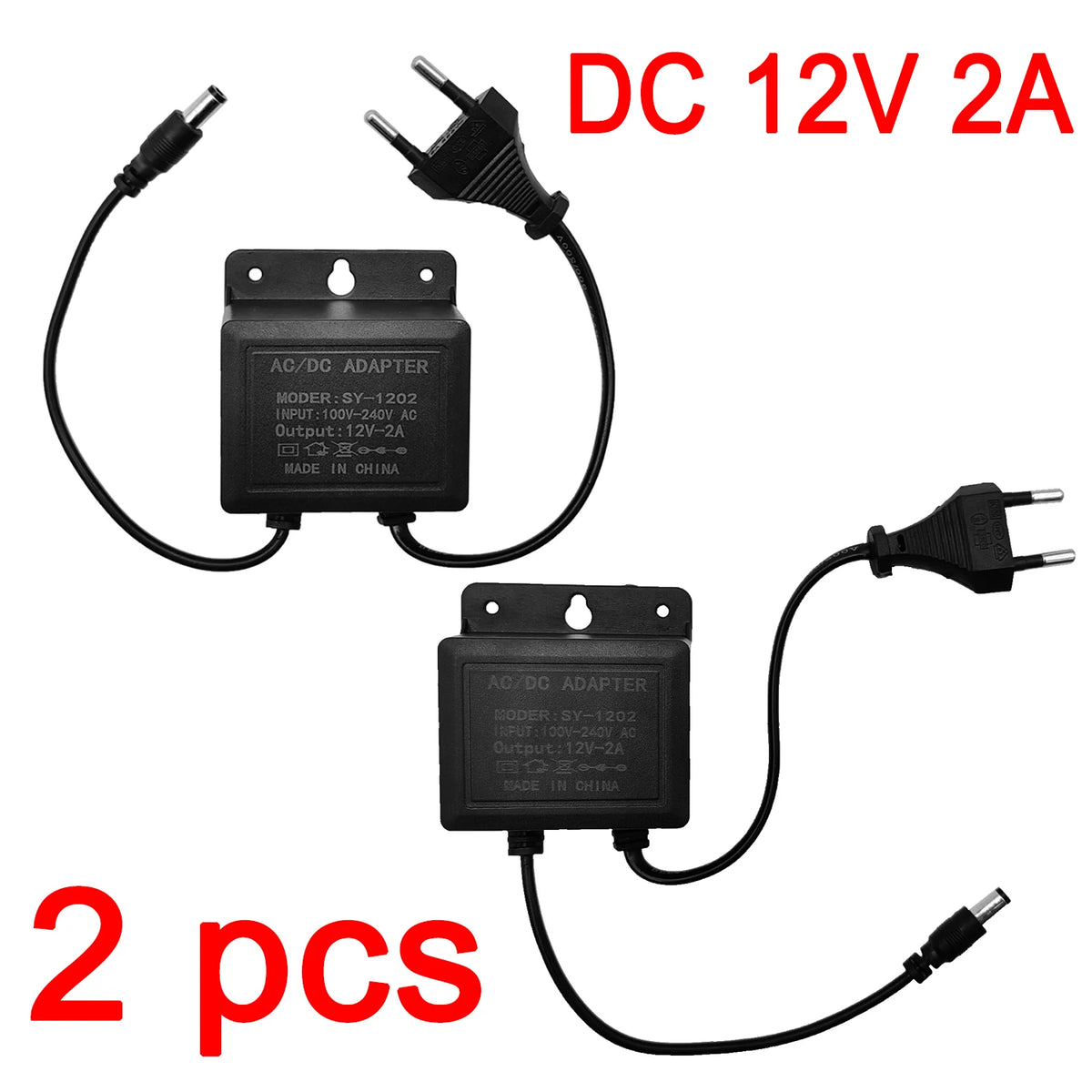 2 pçs dc12v 2a ue plug adaptador de alimentação à prova dwaterproof água preto para cctv vigilância segurança — foto 1