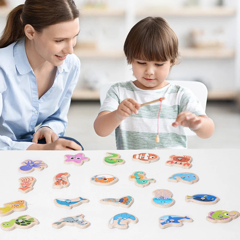 Montessori brinquedos de pesca magnética de madeira vida marinha cognição jogos de peixes brinquedo educativo — foto 2