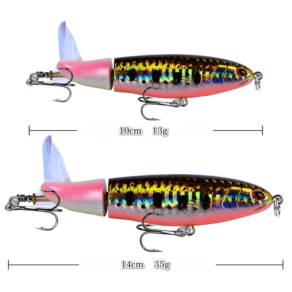 1 pçs 10cm 14cm topwater spinner isca de pesca popper lápis artificial isca dura hélice rotativa cauda — foto 4