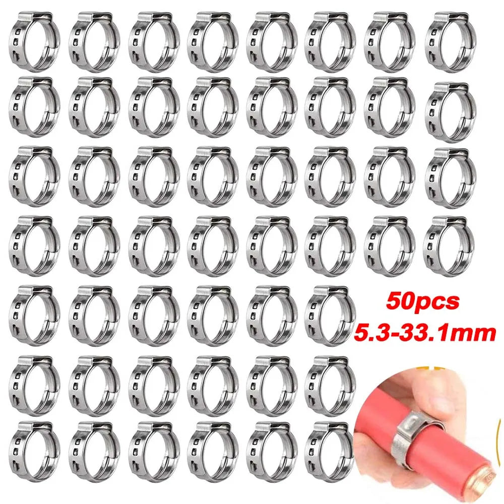 50 pçs braçadeiras de mangueira única orelha stepless 5.3mm-33.1mm 304 braçadeiras de mangueira de aço — foto 2