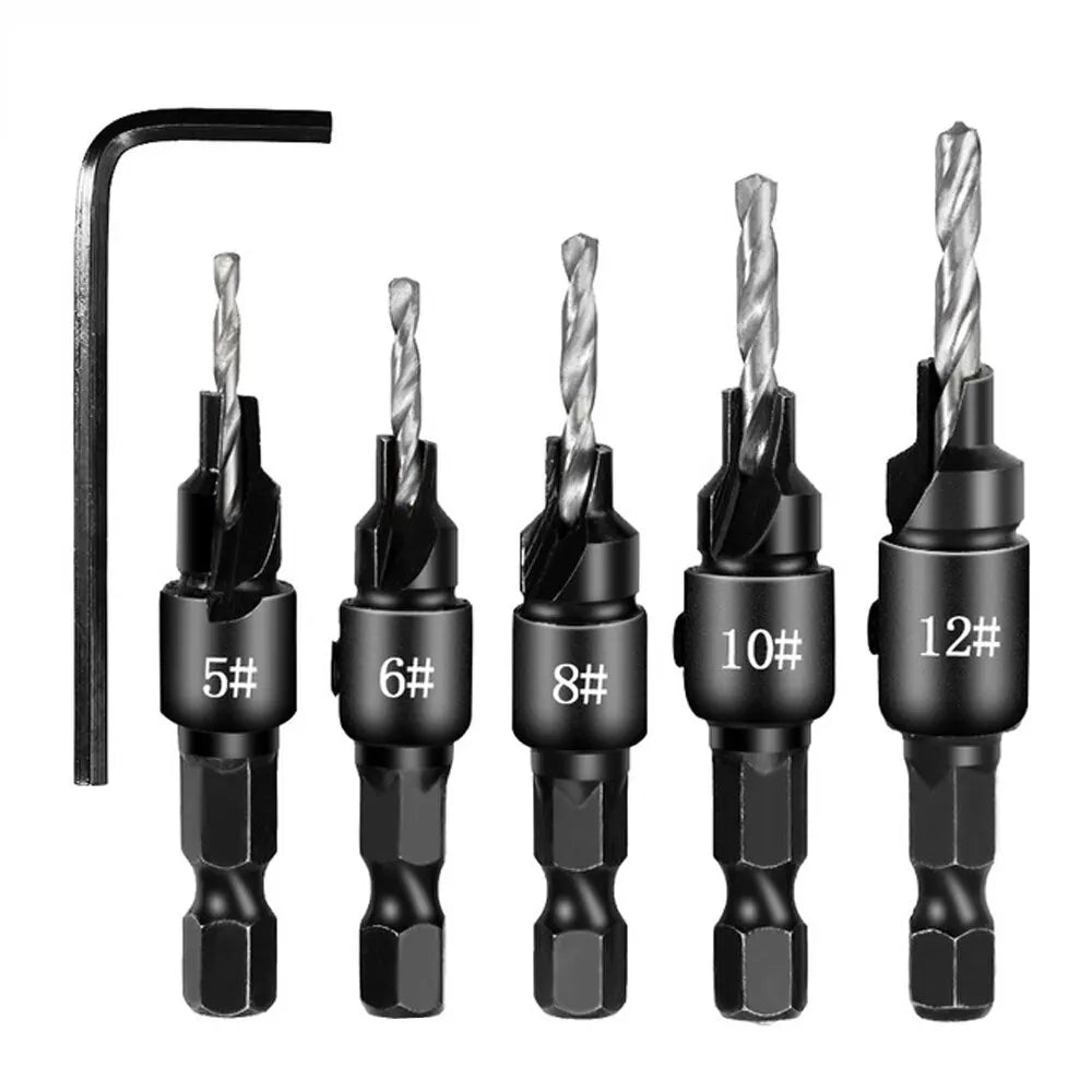 Carpintaria Hexagonal Shank Cabeça Escareada Broca 5 peças Perfuração Chanfro Buraco Opener Set - Prata — foto 2