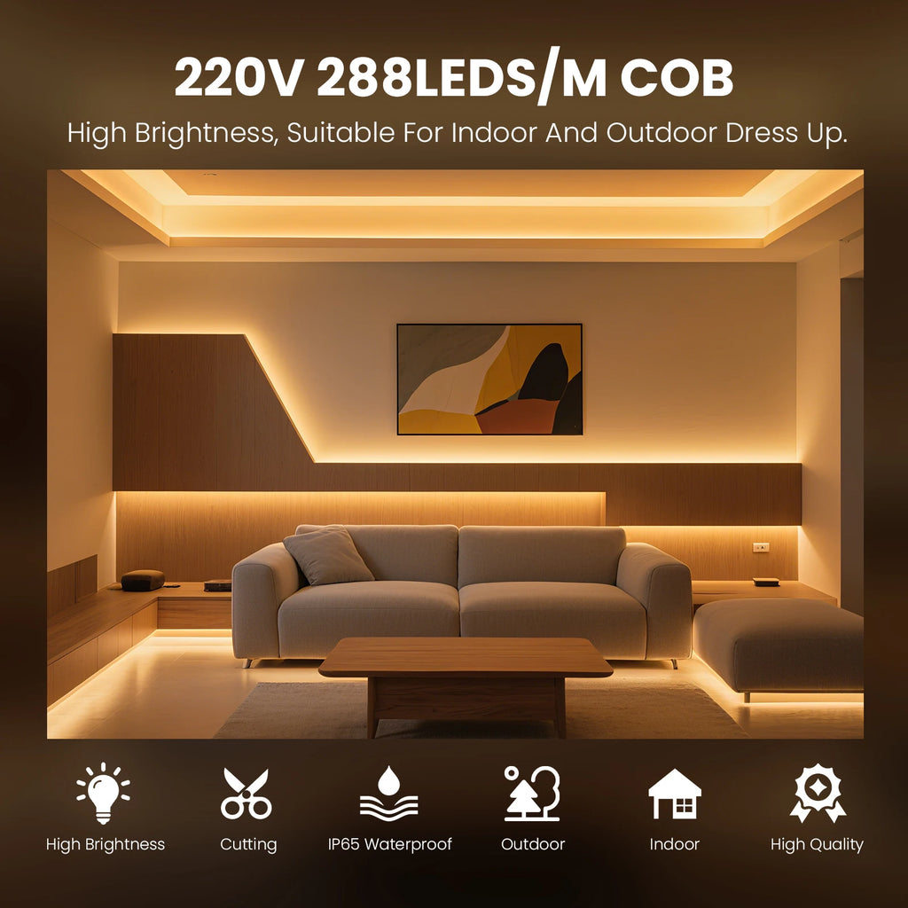 Fita LED COB 220 V com dimmer, 288 LED/m, 0,5 m — foto 4