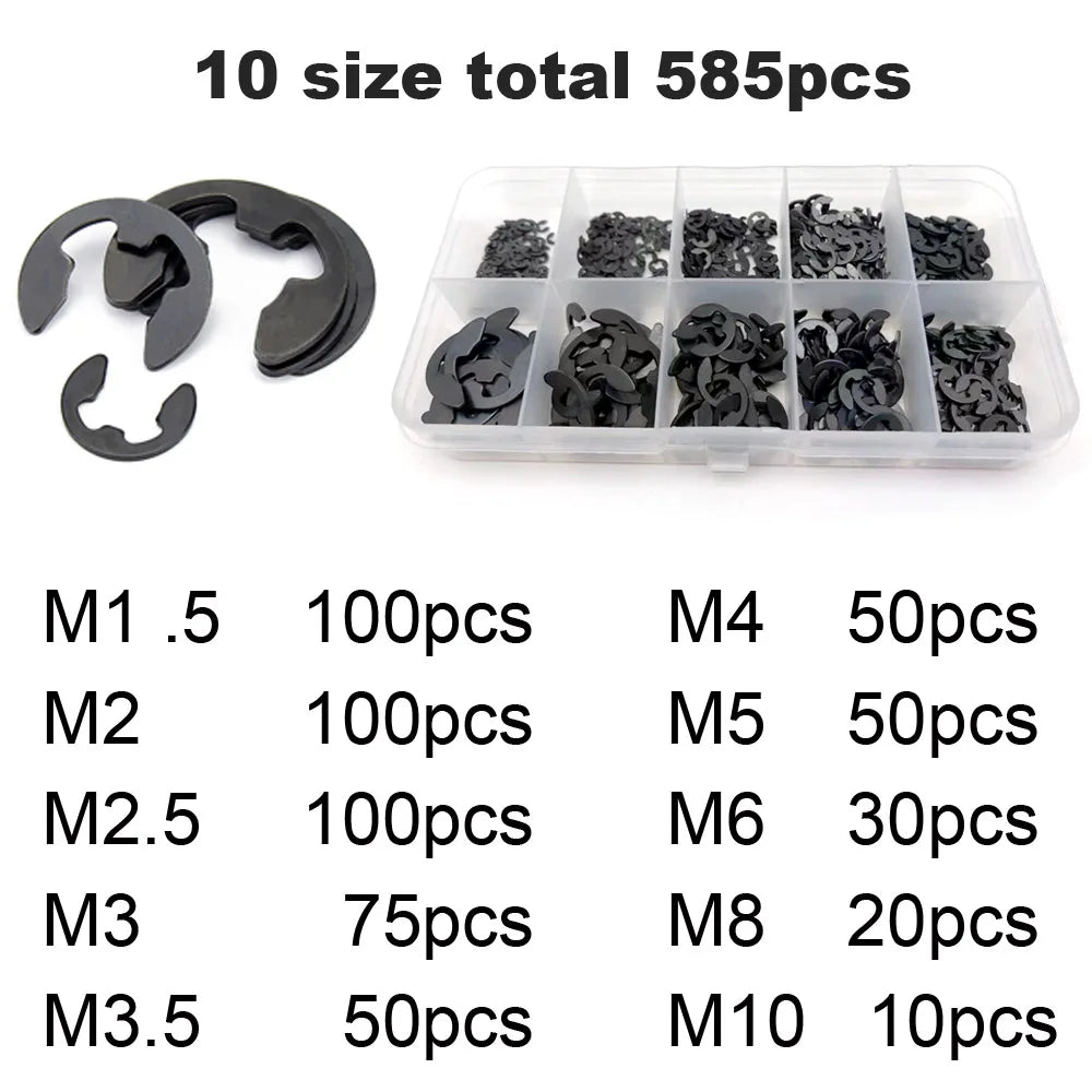 585/1005pcs E Clip Snap Circlip Washer Sortimento Kit Caixa M1.2-M15 Preto 65 Mn 304 Conjunto de anel — foto 3