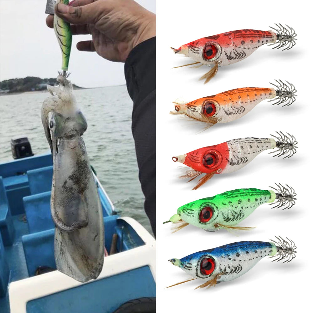 5 pçs 9g/10cm isca de pesca chumbo chumbada lula gabarito gancho conjunto camarão de madeira artificial polvo — foto 2