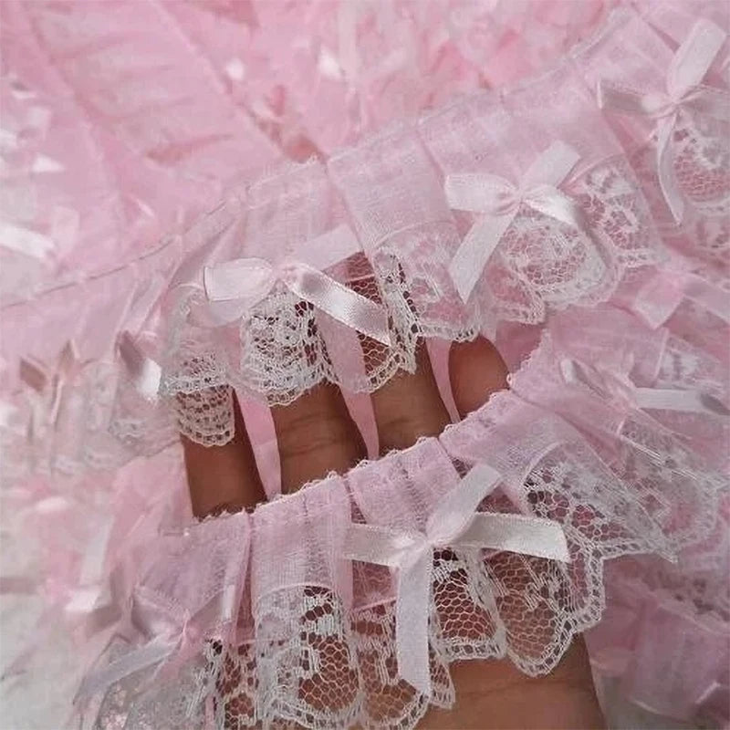 1 jarda rosa plissado onda arco bordado tecido de renda guarnição roupas diy casamento casa presente — foto 1