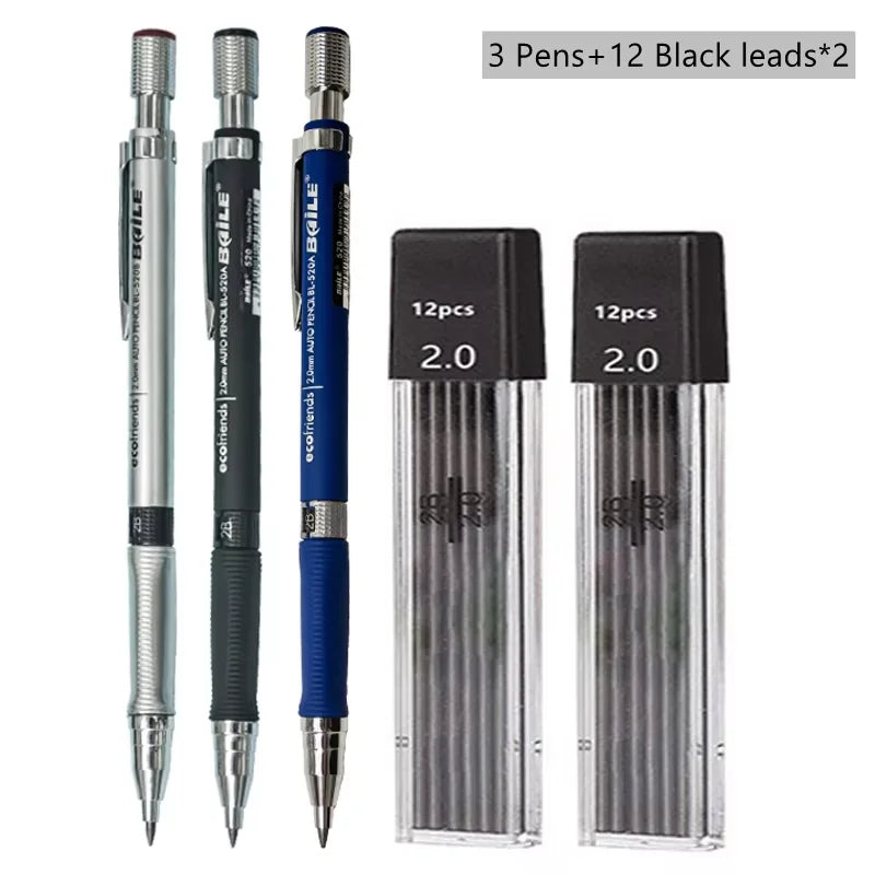 Conjunto de Lápis Mecânico 2.0 mm com Refil de Grafite 2B Preto/Colorido para Escrita, Esboço — foto 1