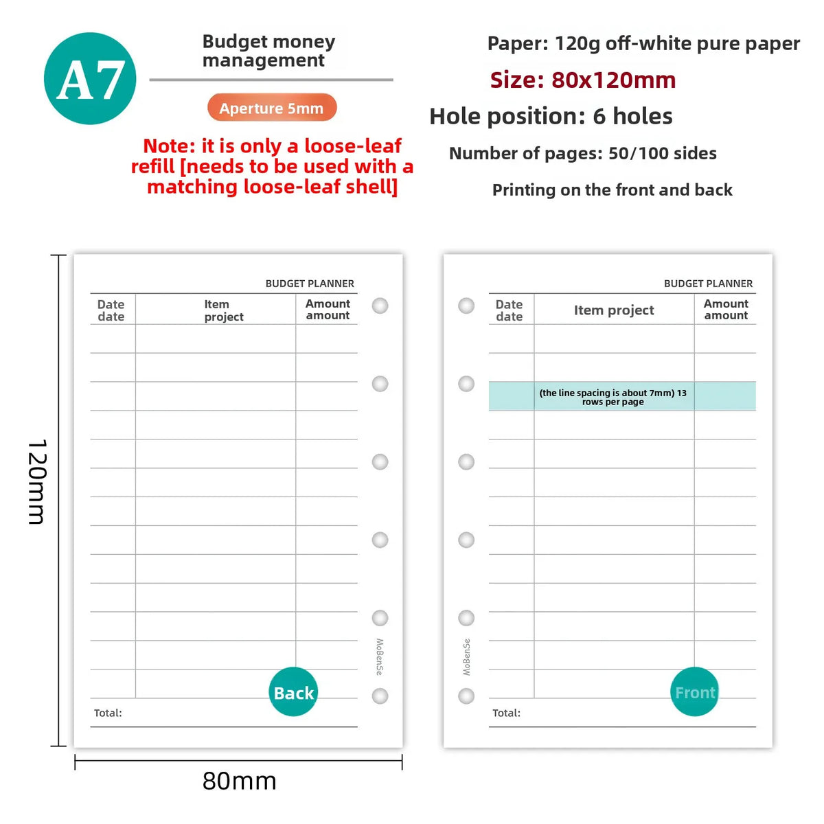 A7 50 folhas soltas caderno recarga espiral pasta página interna semanal mensal para fazer linha grade dentro — foto 1