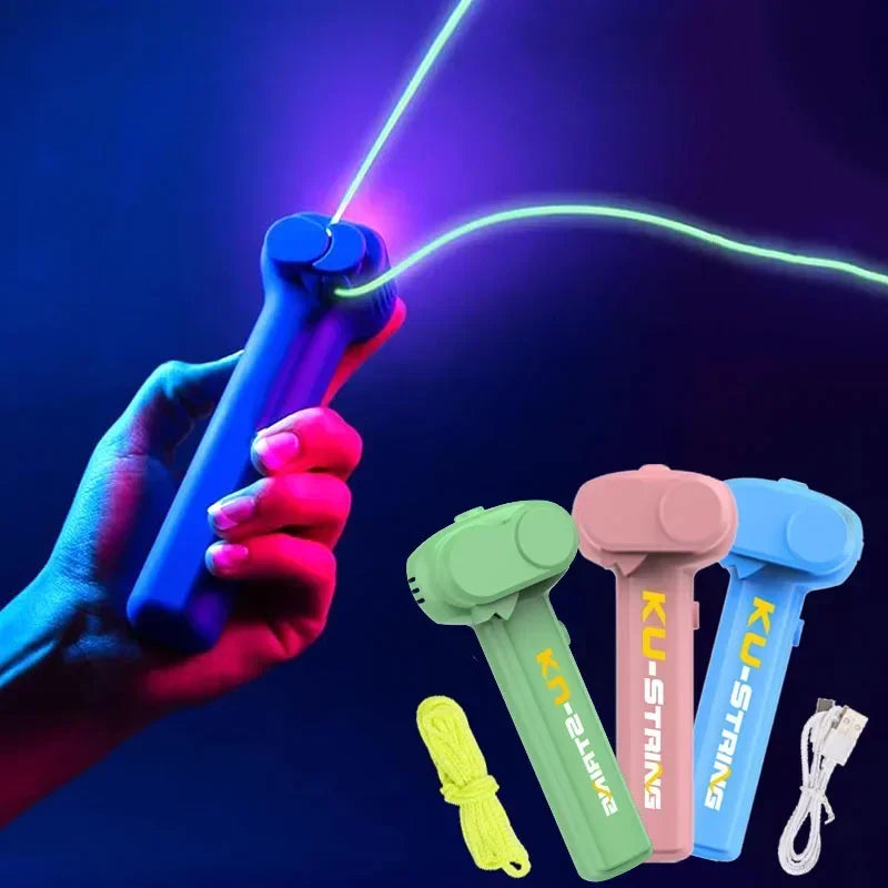 Luz brinquedo corda brilho no escuro corda lançador luminoso portátil handheld corda alívio do estresse — foto 2