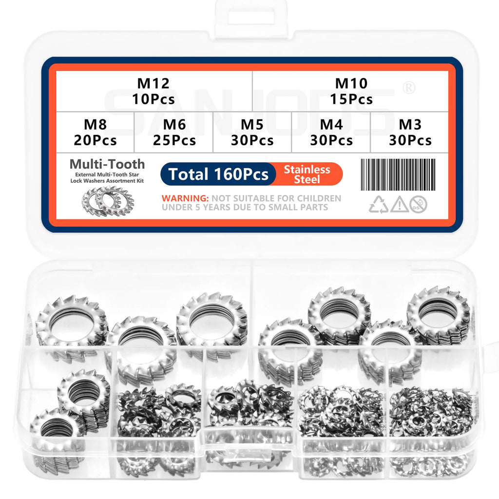 160 pçs inoxidável externo multi dente estrela bloqueio arruelas variedade conjunto de aço inoxidável — foto 5