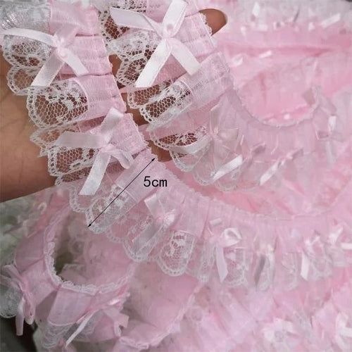 1 jarda rosa plissado onda arco bordado tecido de renda guarnição roupas diy casamento casa presente — foto 2