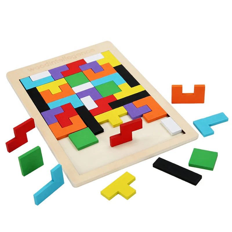 1 conjunto de blocos de madeira quebra-cabeça cérebro teasers brinquedo tangram jigsaw inteligência colorido — foto 1