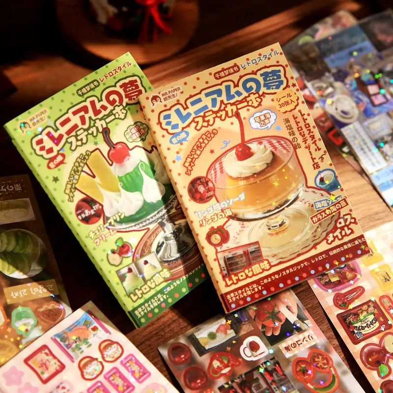 30 folhas kawaii japonês estilo showa cozinha glitter filme die-corte adesivo livro diy artesanal scrapbook — foto 1