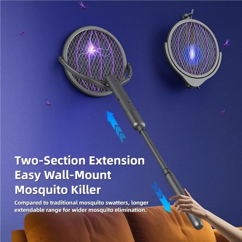 Raquete Elétrica Retrátil para Mosquitos, Recarregável, com Cabeça Rotativa — foto 3