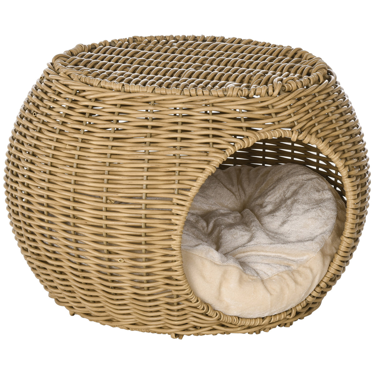 Cama para Gatos de Vime PE Trançada Aspeto Rattan com Almofada Ø40x30 cm Castanho Claro — foto 1