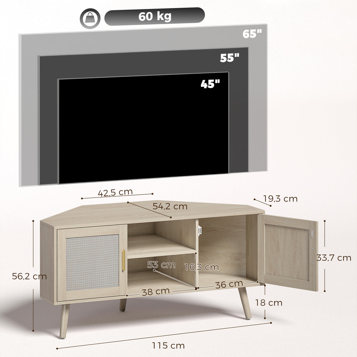 Móvel de Canto para TV 115 cm Móvel para Televisor até 165,1 cm 2 Portas em Rattan 2 Compartimentos Carvalho — foto 2