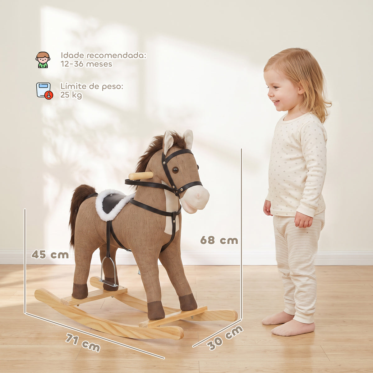 Cavalo de Baloiço com Sons, Pegas de Segurança e Base de Madeira, 12-36 Meses, Castanho-Escuro — foto 2