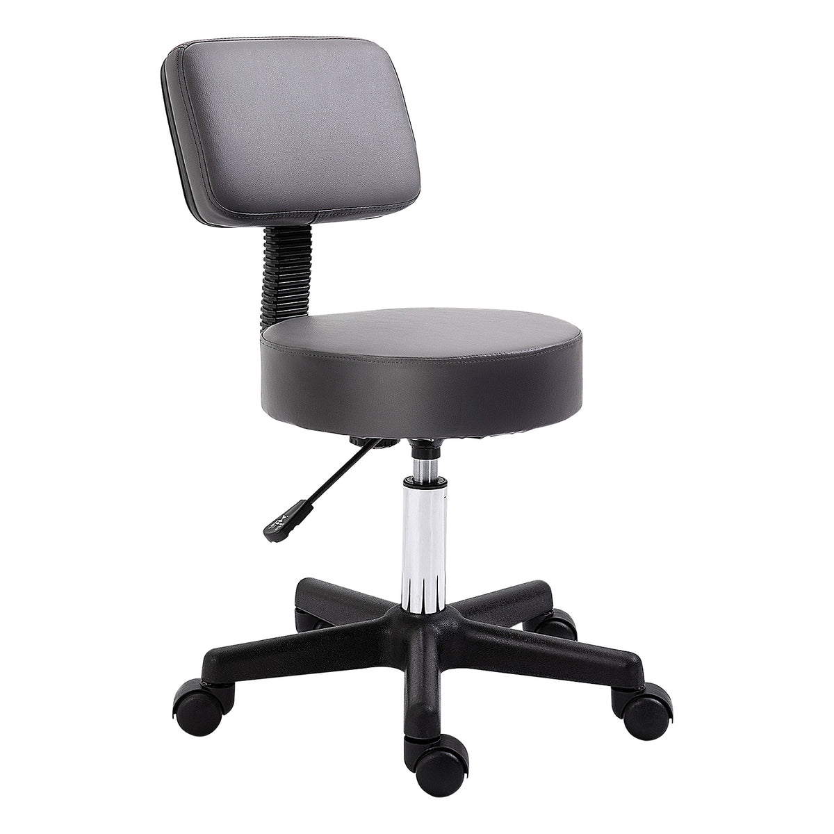 Banco de salão, regulável em altura, ergonômico, 360° giratório, 5 rodízios, revestimento sintético, Cinza — foto 1