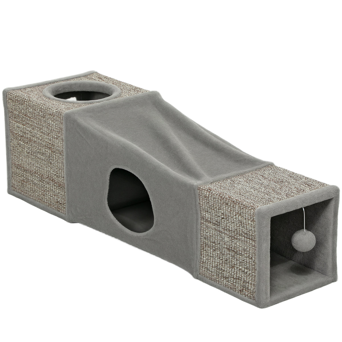 Túnel para Gatos de Interior Encaixável com Múltiplas Entradas, Tocas em Sisal e Bola Suspensa, 98x30x30 cm, Cinzento — foto 1