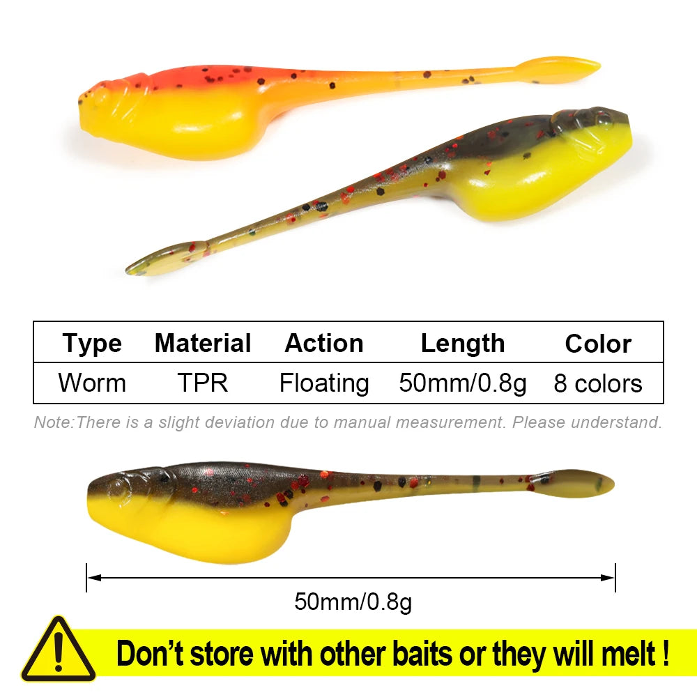 Tipo de peixe minnow shad iscas macias 5cm ajing worm isca de pesca salgueiro cauda tpr flutuante gota tiro — foto 5