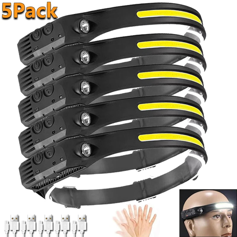 1 5 pacote farol usb recarregável led sensor lanterna xpe + cob tocha acampamento à prova - 1 unidade — foto 3