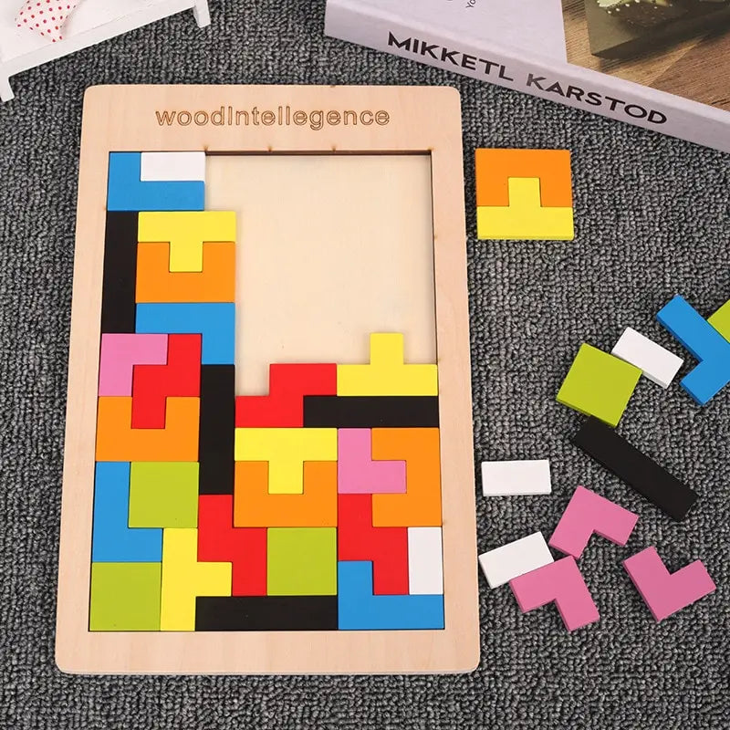 1 conjunto de blocos de madeira quebra-cabeça cérebro teasers brinquedo tangram jigsaw inteligência colorido — foto 2