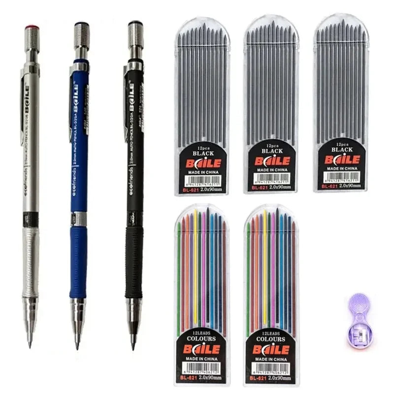 Conjunto de Lápis Mecânico 2.0 mm com Refil de Grafite 2B Preto/Colorido para Escrita, Esboço — foto 2