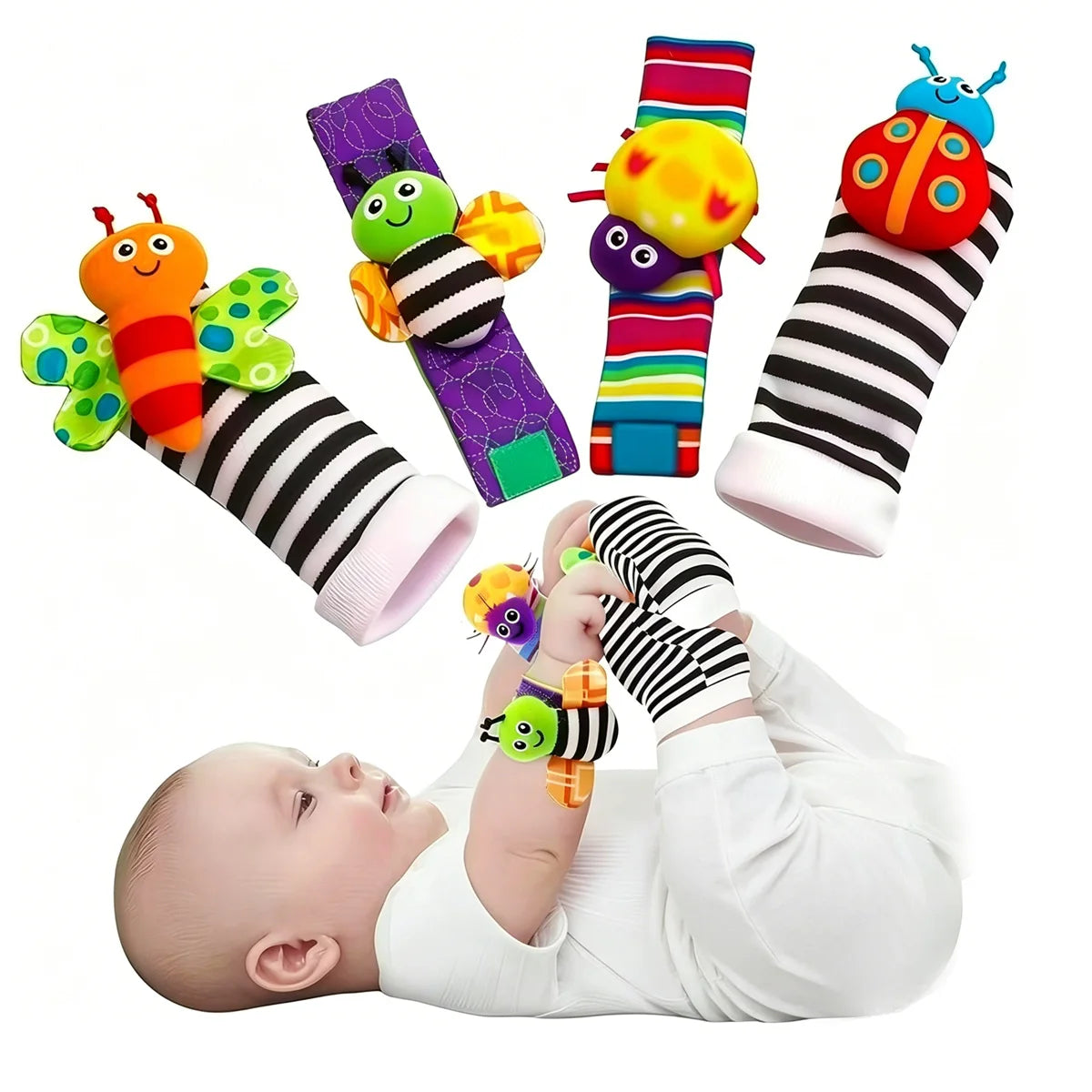 4 pçs chocalho do bebê brinquedos bonito animais de pelúcia chocalho de pulso pé - Multicolor Insect — foto 1