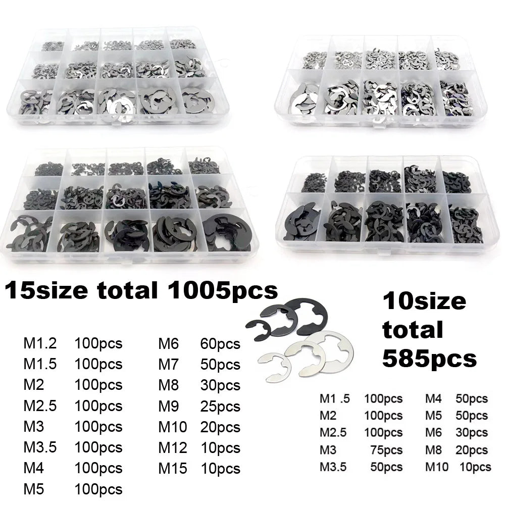 585/1005pcs E Clip Snap Circlip Washer Sortimento Kit Caixa M1.2-M15 Preto 65 Mn 304 Conjunto de anel — foto 4