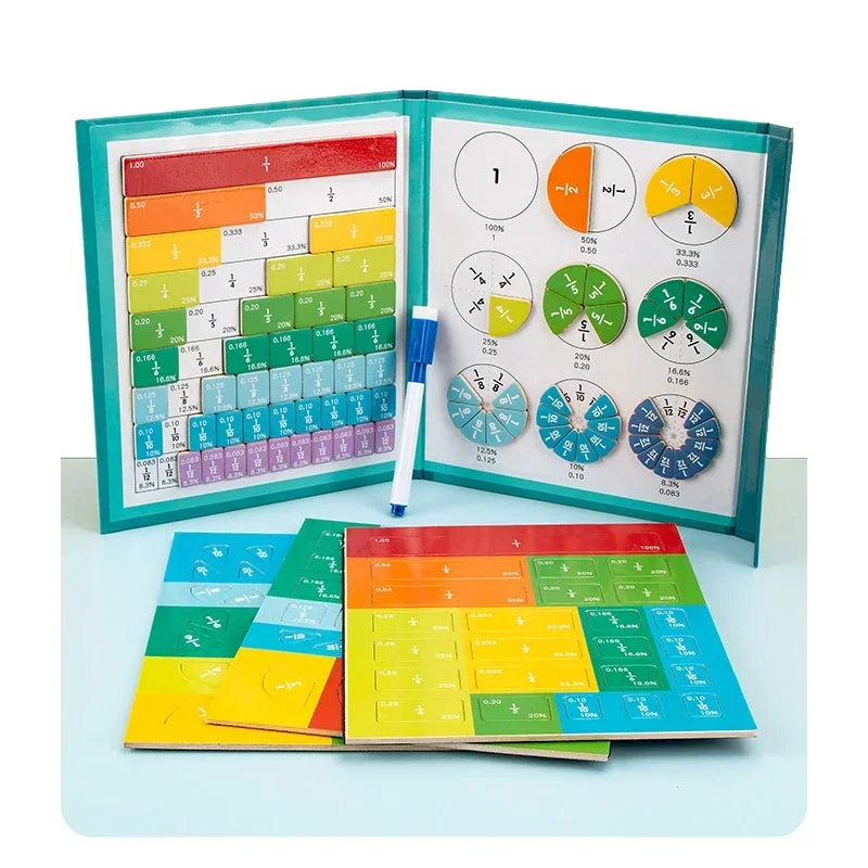 Montessori Fração Magnética Aprendizagem Matemática Brinquedo, Aritmética Ensino Aids Livro De Madeira — foto 1