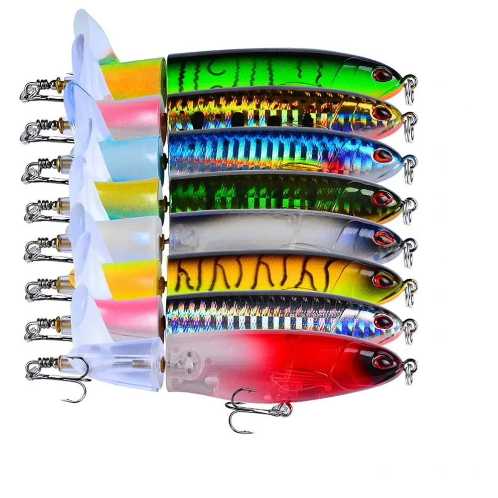 1 pçs 10cm 14cm topwater spinner isca de pesca popper lápis artificial isca dura hélice rotativa cauda — foto 3