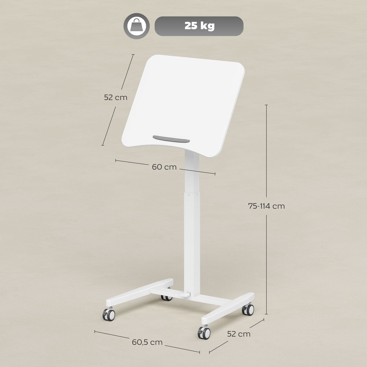 Mesa Ajustável em Altura Tampo Inclinável Rodízios e Estrutura em Aço 60,5x52x75-114 cm Branco — foto 2
