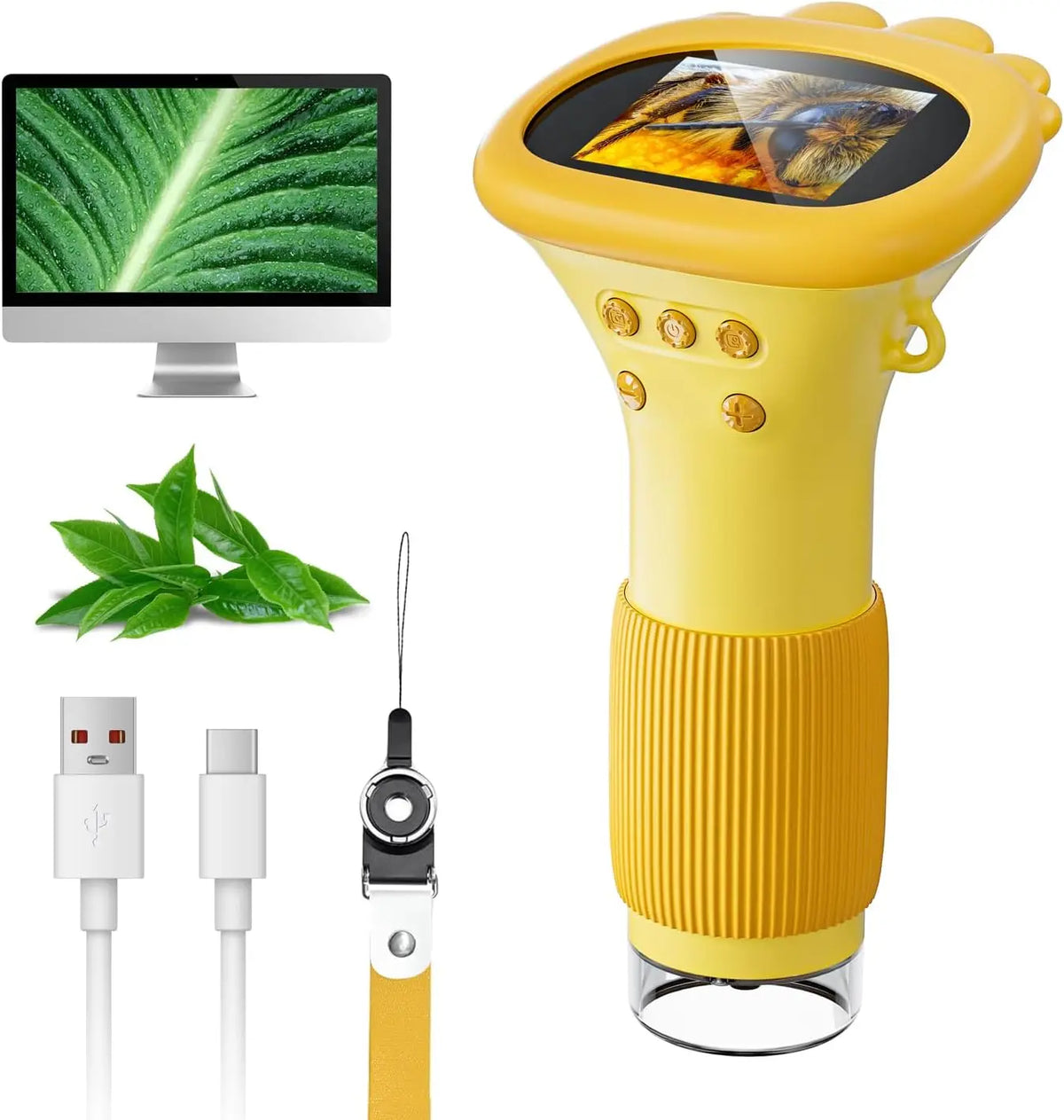 Microscópio para crianças portátil de bolso com ecrã IPS de 2 polegadas 1000X - Amarelo 1000 vezes — foto 2