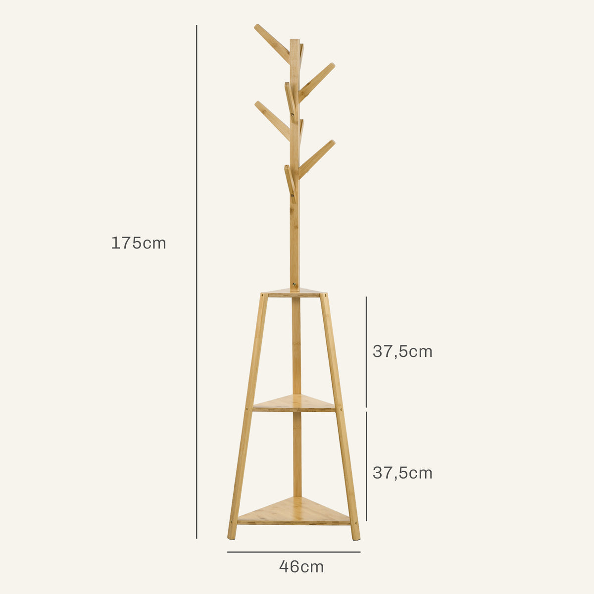 Cabide de Pé em Bambu Suporte para Roupas 8 Ganchos 3 Prateleiras 46x46x175 cm Natural — foto 2