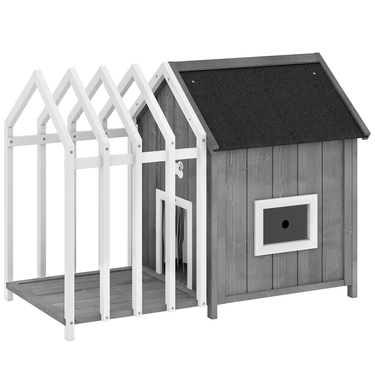 Casinha para cachorro externa em madeira casa para cachorro externa com terraço, porta de lamelas, 106 x 62,5 x 80,5 cm, cinza — foto 1