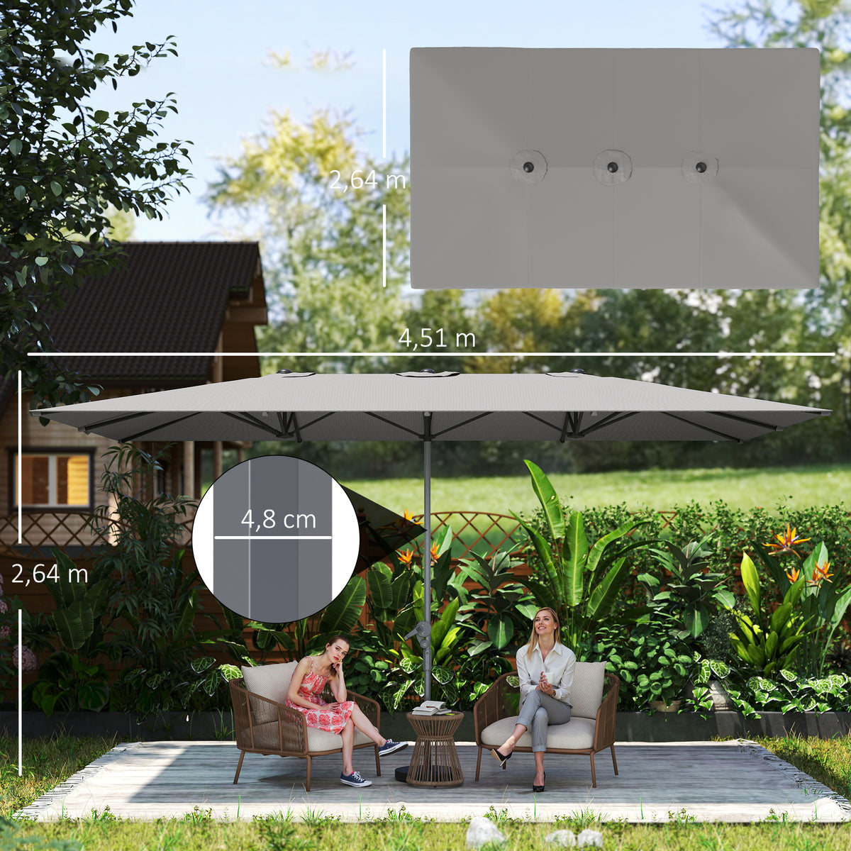 Guarda-Sol Duplo 451x264 cm com Manivela Poliéster 200 g/m² Cinza Escuro — foto 2