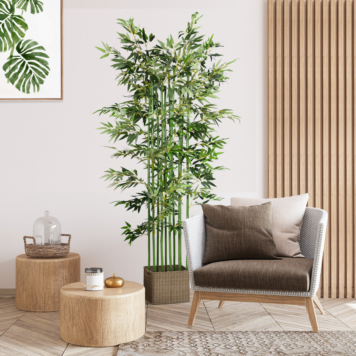 Conjunto de 2 Plantas Artificiais em Vaso de Madeira de Pinho 180cm Bambus Artificiais com 1640 Folhas Realistas 35x10x180 cm Verde — imagem 3