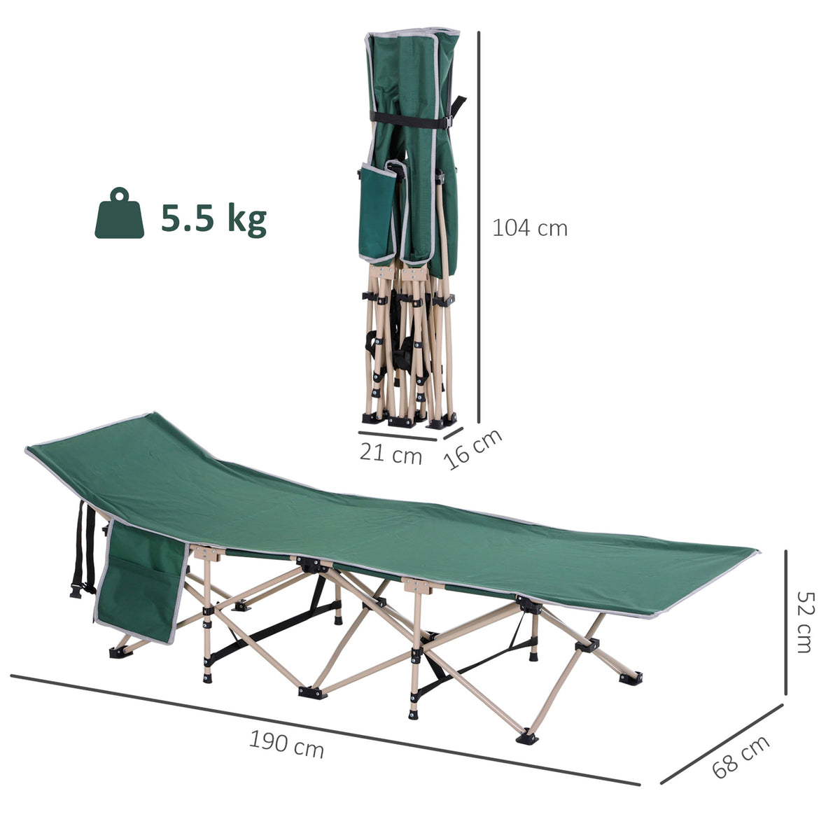 Cama de Campismo Dobrável Cama de Campanha Estrutura em Aço Bolsa de Transporte Carga Máx. 150 kg 190x68x52 cm Verde — foto 2