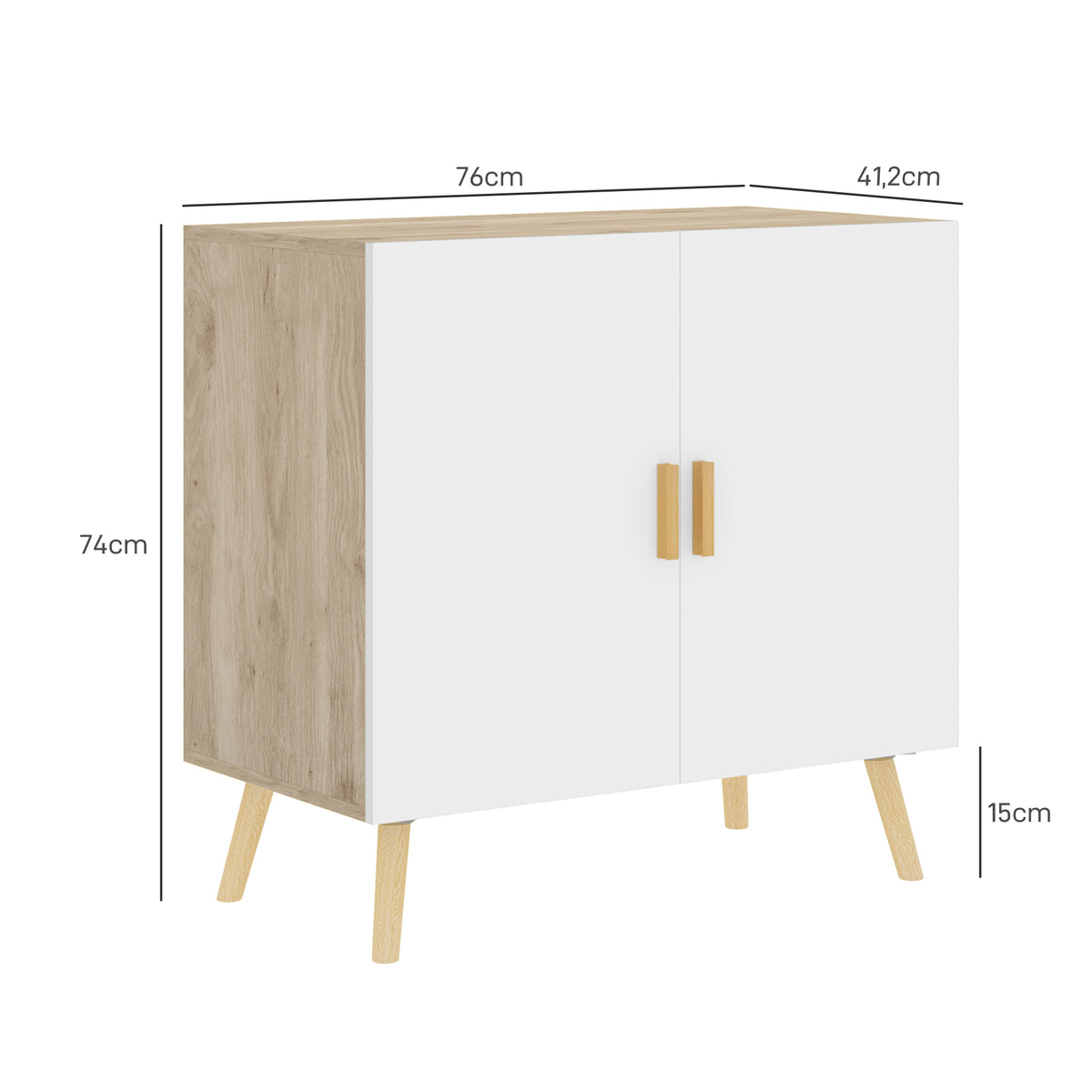 Buffet Móvel de Armazenamento com Alças de Bambu Prateleira Ajustável Base Elevada 76x41,2x74 cm Branco Madeira Natural — foto 2