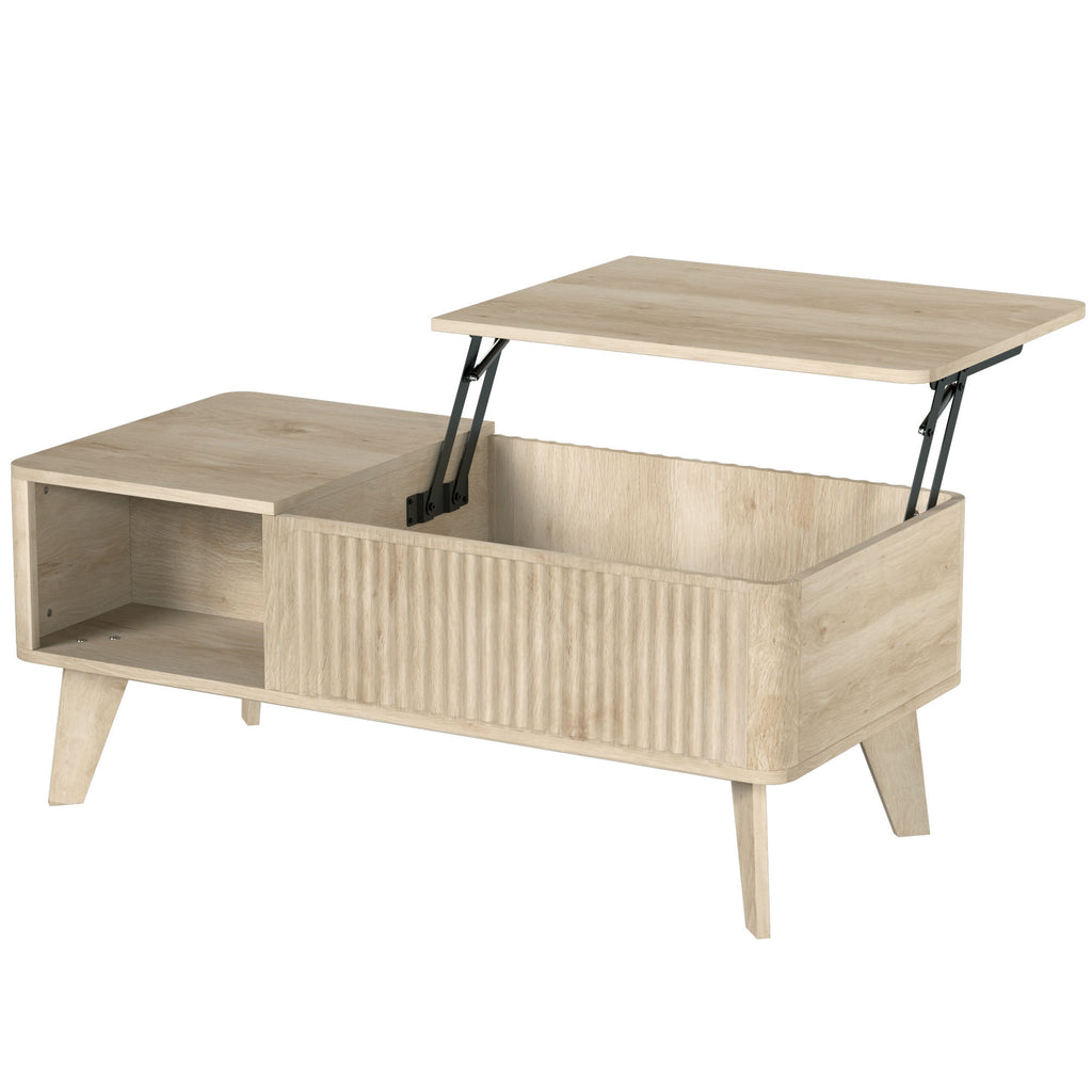Mesa de Centro Elevável Compartimento Oculto 2 Prateleiras Abertas Bordas Arredondadas Estilo Meados do Séc. 100x48x41 cm Carvalho — foto 1