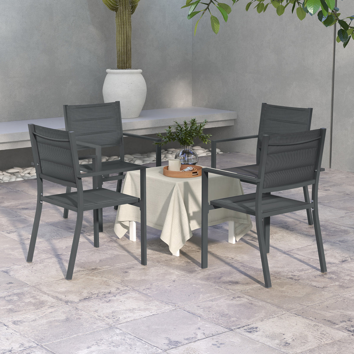 Conjunto de 4 cadeiras de jardim empilháveis em alumínio e textilene com apoios de braços, lote de 4 peças para exterior — imagem 3