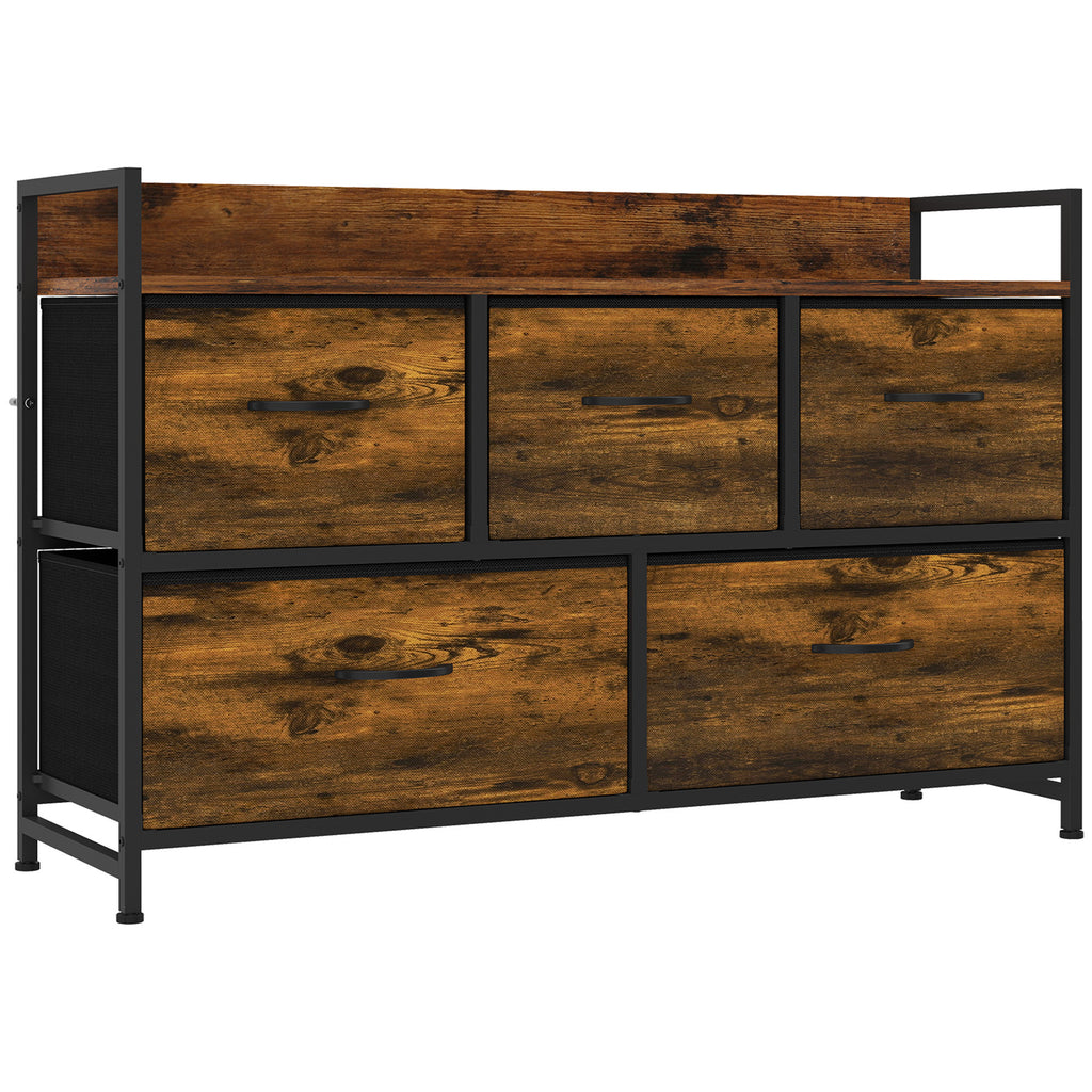 Cómoda de Quarto com 5 Gavetas, Cómoda em Tecido com Tampo de Madeira, Castanho e Preto — foto 1