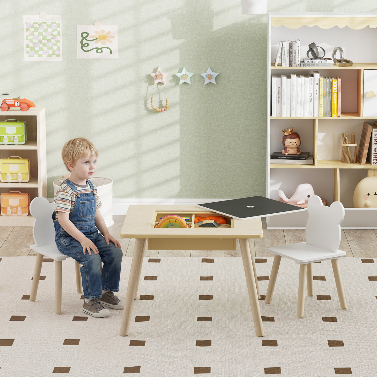 Mesa Infantil com 2 Cadeiras Conjunto com Armazenamento e Encosto em Forma de Urso para Crianças de 3-6 Anos Madeira Natural — imagem 3